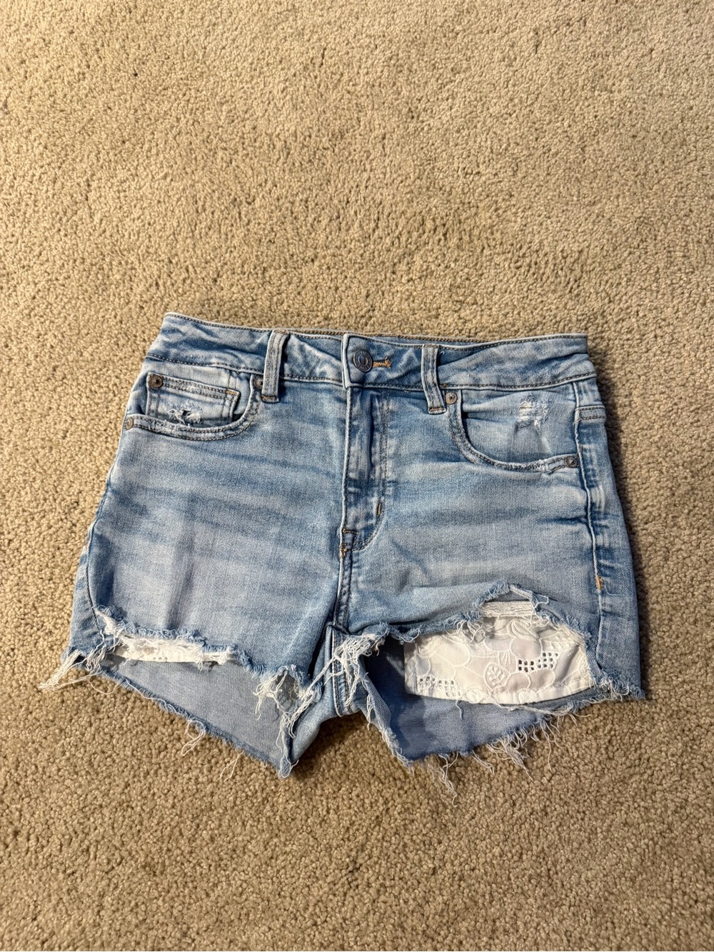 American Eagle Outfitters Light Blue Distressed Denim Shorts with Lace Insets